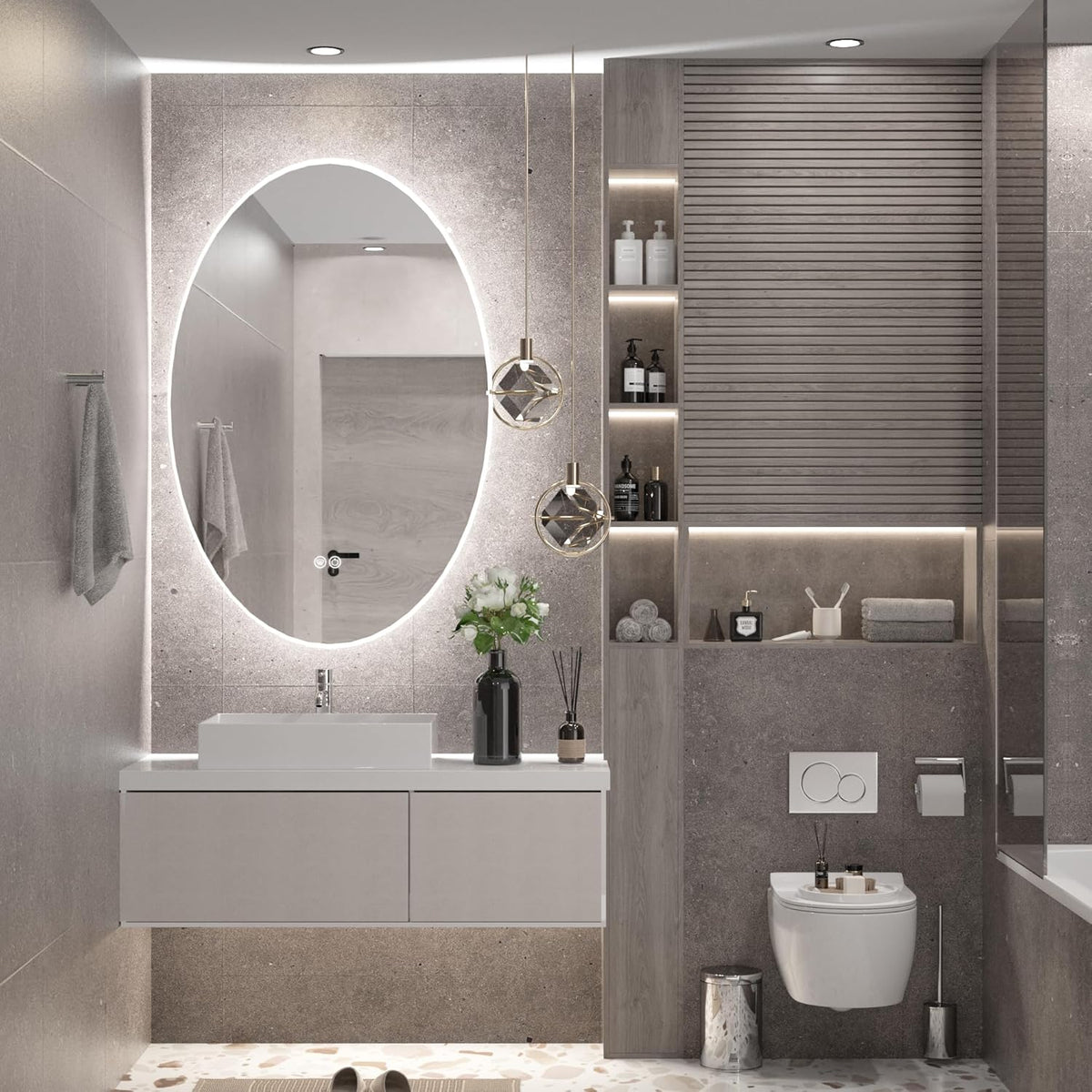 TETOTE 28 Inch Round LED Bathroom Vanity Mirror, Anti-Fog Dimmable Lights IP54 Waterproof Circle Makeup Wall Mounted Mirror - PuriLite