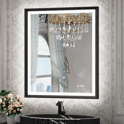 TETOTE 28x36 LED Mirror for Bathroom Black Metal Frame Frontlit & Backlit Lighted Vanity Mirror Baroque Gothic Anti Fog Stepless Dimmable White/Warm/Natural,Wall Mounted(Horizontal/Vertical) - PuriLite