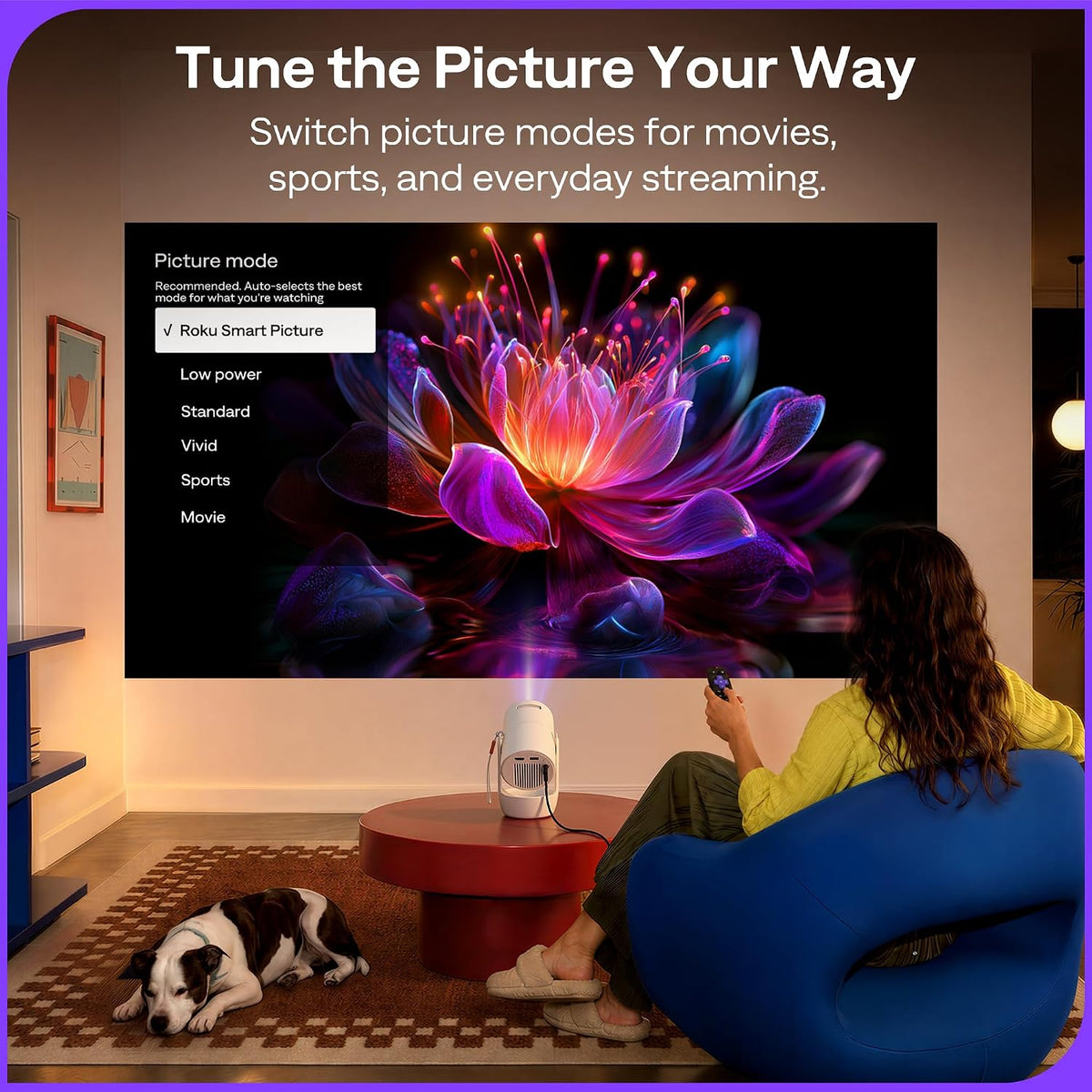Aurzen Roku TV E1R Smart Portable Mini Projector with Bluetooth and AirPlay Roku TV Built-in, Upgraded Sound Base, 180° Rotation, Auto Vertical Keystone, 20–120″ Image for Home/Bedroom/Outdoor Movies