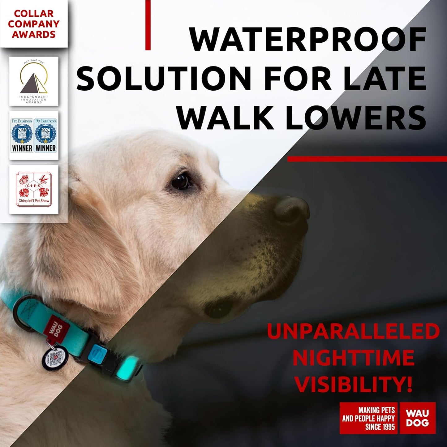 Waterproof Dog Collar - Adjustable Glow Dog Collar for Large Dogs, Small and Medium Dogs - Heavy Duty Dog Collars with Durable Metal Clasp and QR Dog Tag - Glow in The Dark Dog Collars - PuriLite