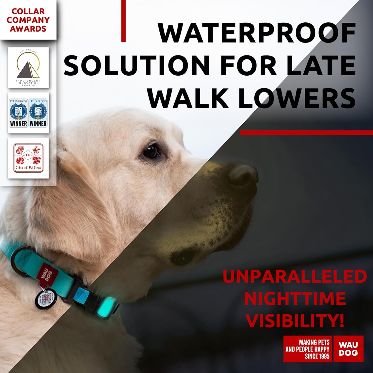 Waterproof Dog Collar - Adjustable Glow Dog Collar for Large Dogs, Small and Medium Dogs - Heavy Duty Dog Collars with Durable Metal Clasp and QR Dog Tag - Glow in The Dark Dog Collars - PuriLite