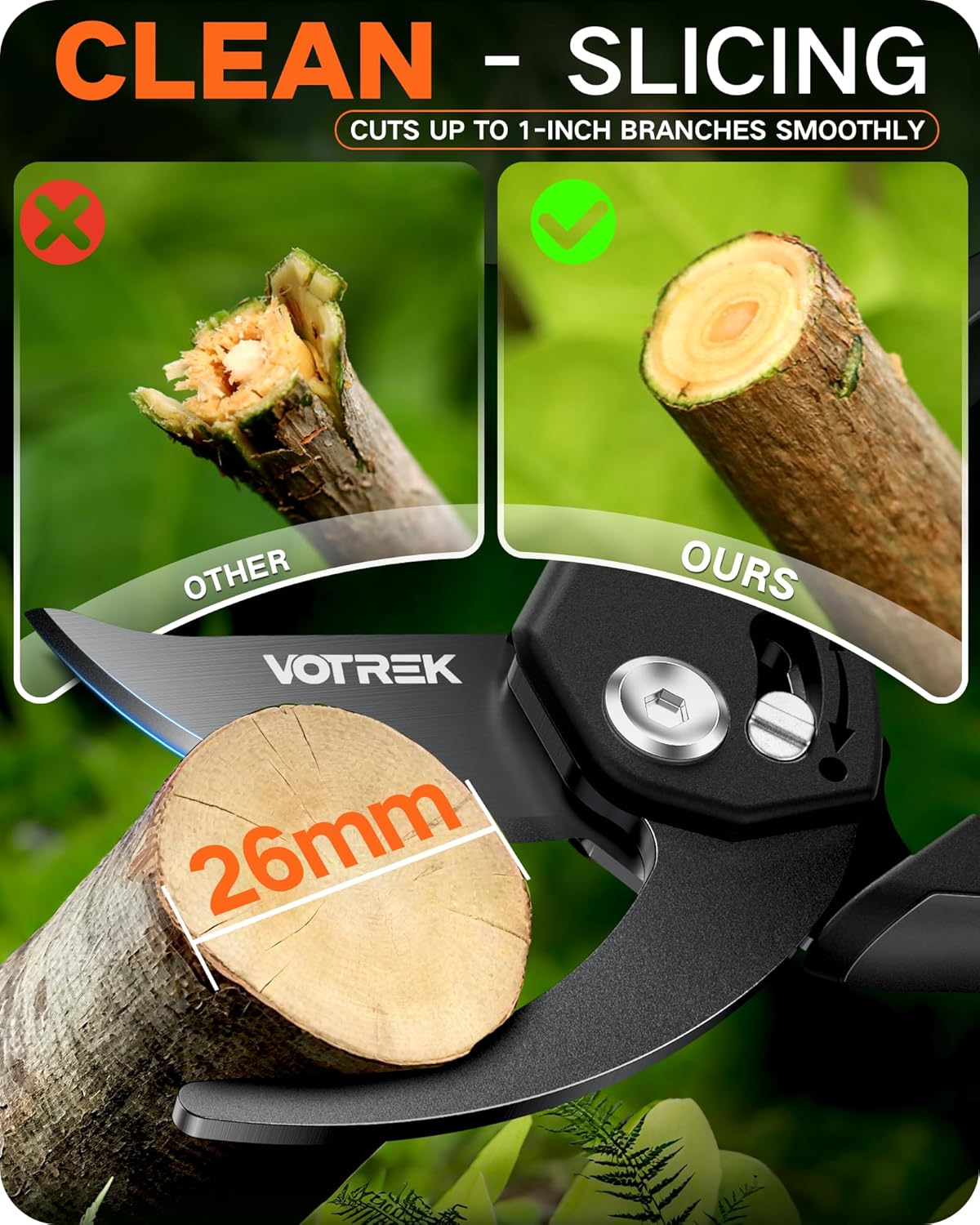 VOTREK Pruning Shears - 8.5" Heavy Duty Bypass Pruners for Gardening with Built-in Spring & SK5 Steel Blades - Ergonomic Adjustable Handle for All Hand Sizes, Garden Clipper Plant Scissors for Branch - PuriLite