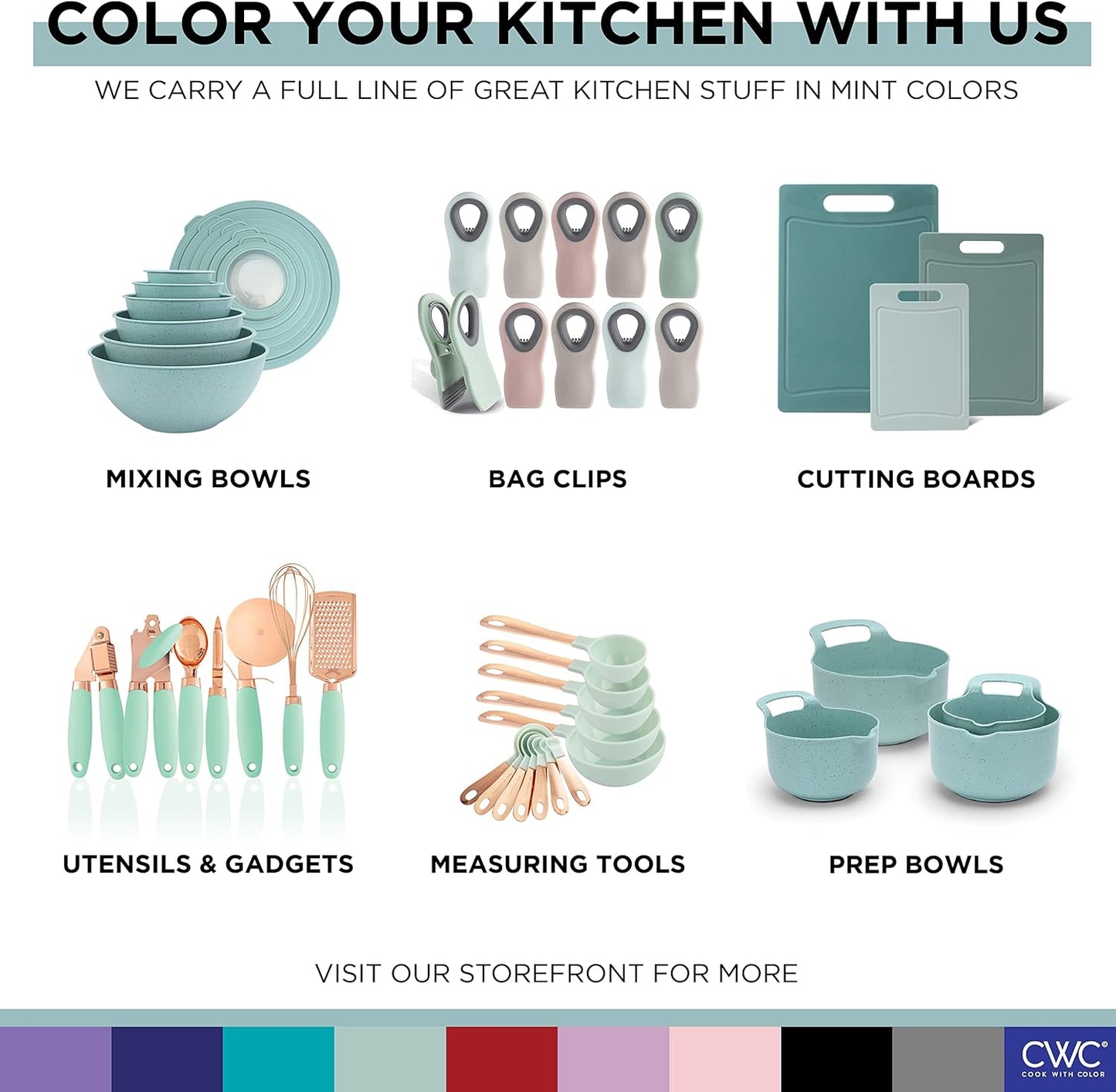 COOK WITH COLOR Mixing Bowls with TPR Lids - 12 Piece Plastic Nesting Bowls Set Includes 6 Prep Bowls and 6 Lids, Microwave Safe Mixing Bowl Set (Mint) - PuriLite
