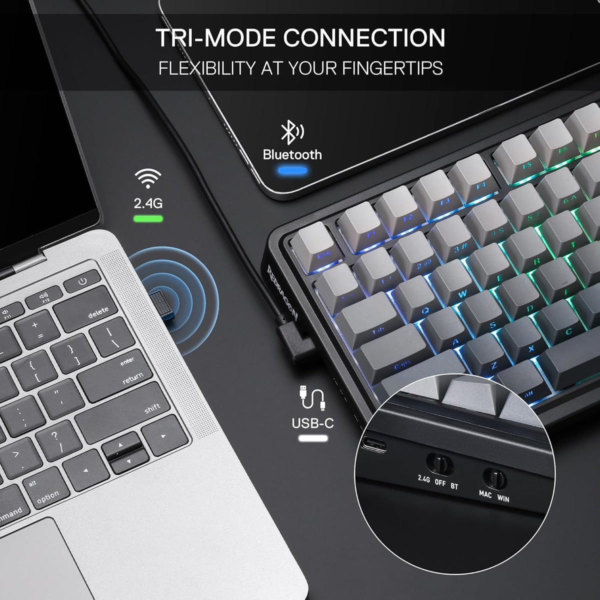 Redragon K686 PRO 98 Keys Wireless Gasket RGB Gaming Keyboard, 3-Modes Anime Mechanical Keyboard w/Hot-Swap Socket, Dedicated Knob Control & Sound Absorbing Pads, Custom Hi-Fi Linear Switch - PuriLite