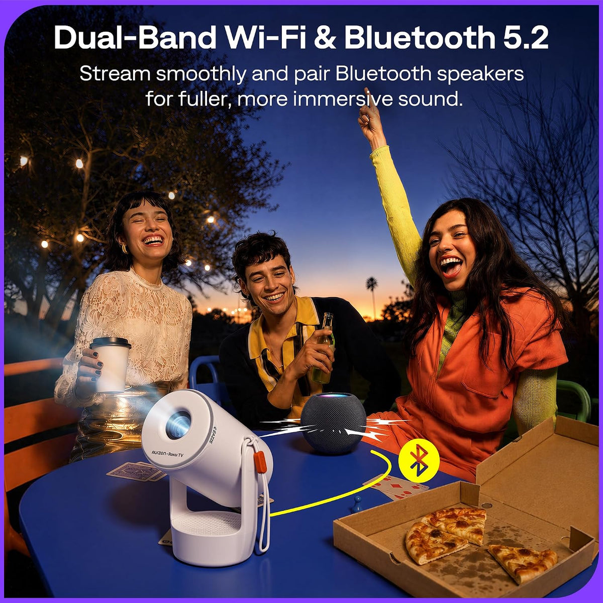 Aurzen Roku TV E1R Smart Portable Mini Projector with Bluetooth and AirPlay Roku TV Built-in, Upgraded Sound Base, 180° Rotation, Auto Vertical Keystone, 20–120″ Image for Home/Bedroom/Outdoor Movies