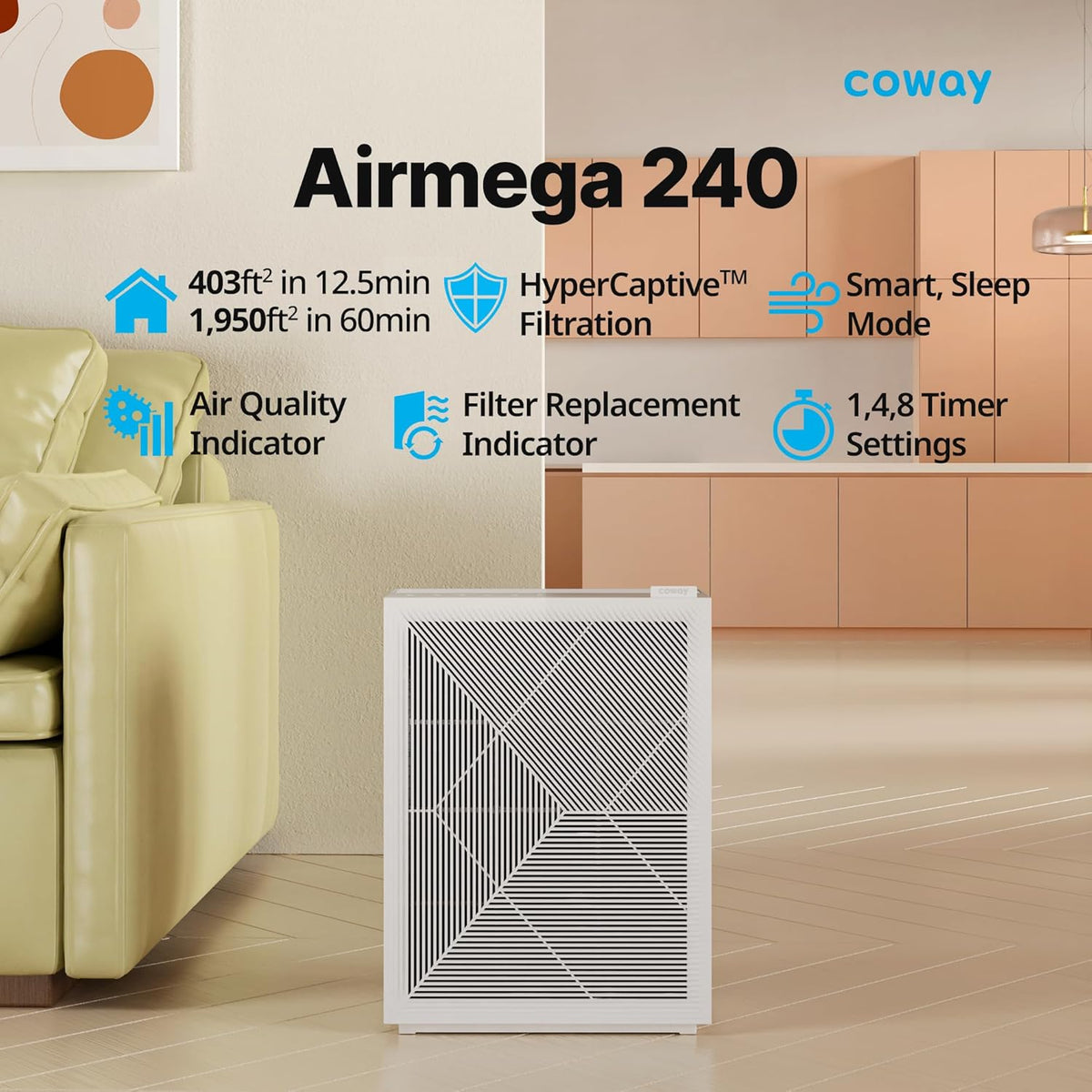 Coway Airmega 150 True HEPA Air Purifier with Air Quality Monitoring, Auto Mode, Filter Indicator, Dove White - PuriLite