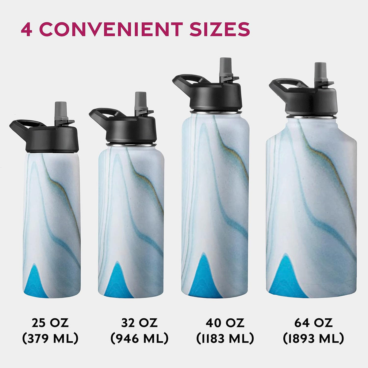 FineDine Water Bottle - Stainless Steel Insulated Water Bottle with Straw Lid, Flip Lid & Wide-Mouth Cap - Keeps Hot and Cold - 25 Oz / 739ml - Pure Pearly White - PuriLite