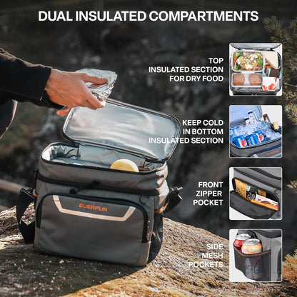 EVERFUN Cooler Bag Insulated Beach Cooler Lunch Bag Box for Men Women Dual Compartments Collapsible Waterproof Leak-Proof for Travel Work Picnic - PuriLite