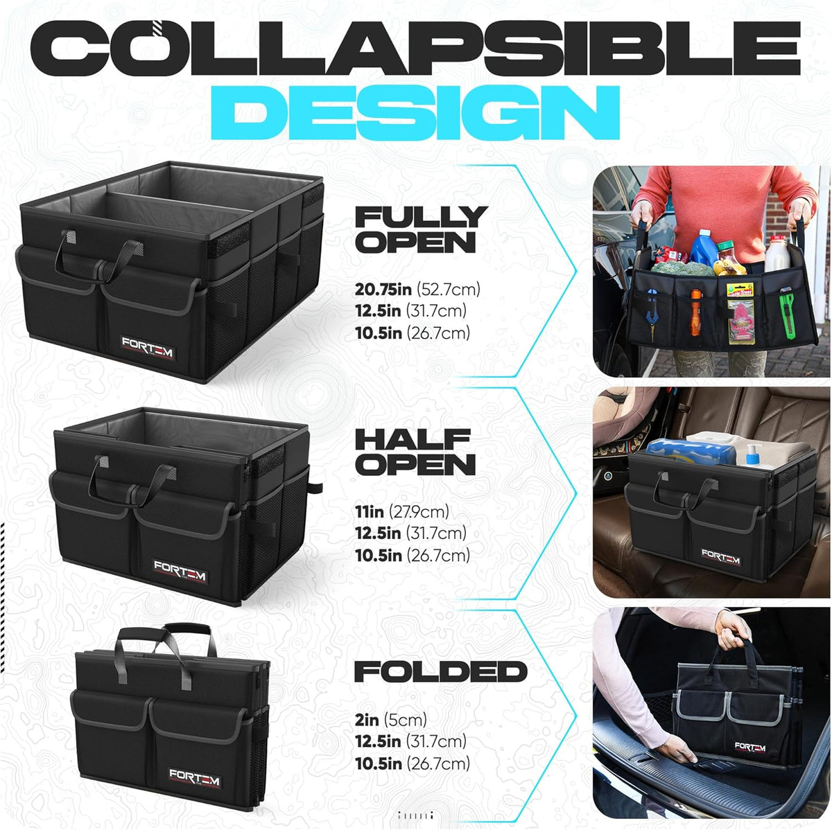 FORTEM Car Trunk Organizer, Collapsible Multi Compartment Car Organizer, Foldable SUV Storage for Car Accessories for Women Men, Non Slip Bottom, Securing Straps, Soft Cover 50L (Black, Standard) - PuriLite