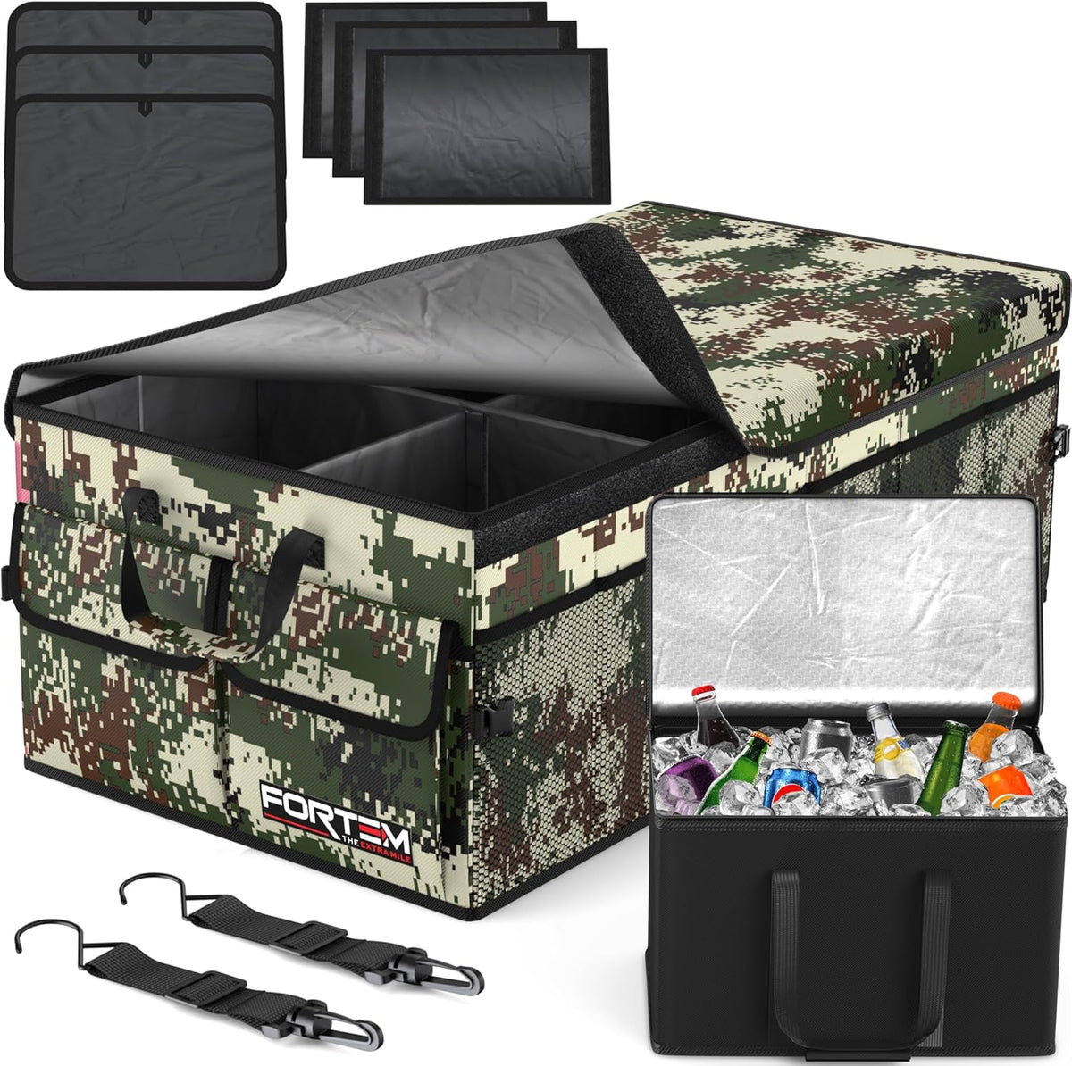 FORTEM Car Trunk Organizer, Collapsible Multi Compartment Car Organizer, Foldable SUV Storage for Car Accessories for Women Men, Non Slip Bottom, Securing Straps, Soft Cover 50L (Black, Standard) - PuriLite