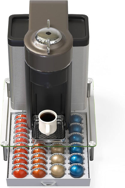 DecoBrothers Vertuo Pod Holder VertuoLine Drawer Storage for Nespresso Coffee Capsules, Crystal Tempered Glass, White - PuriLite