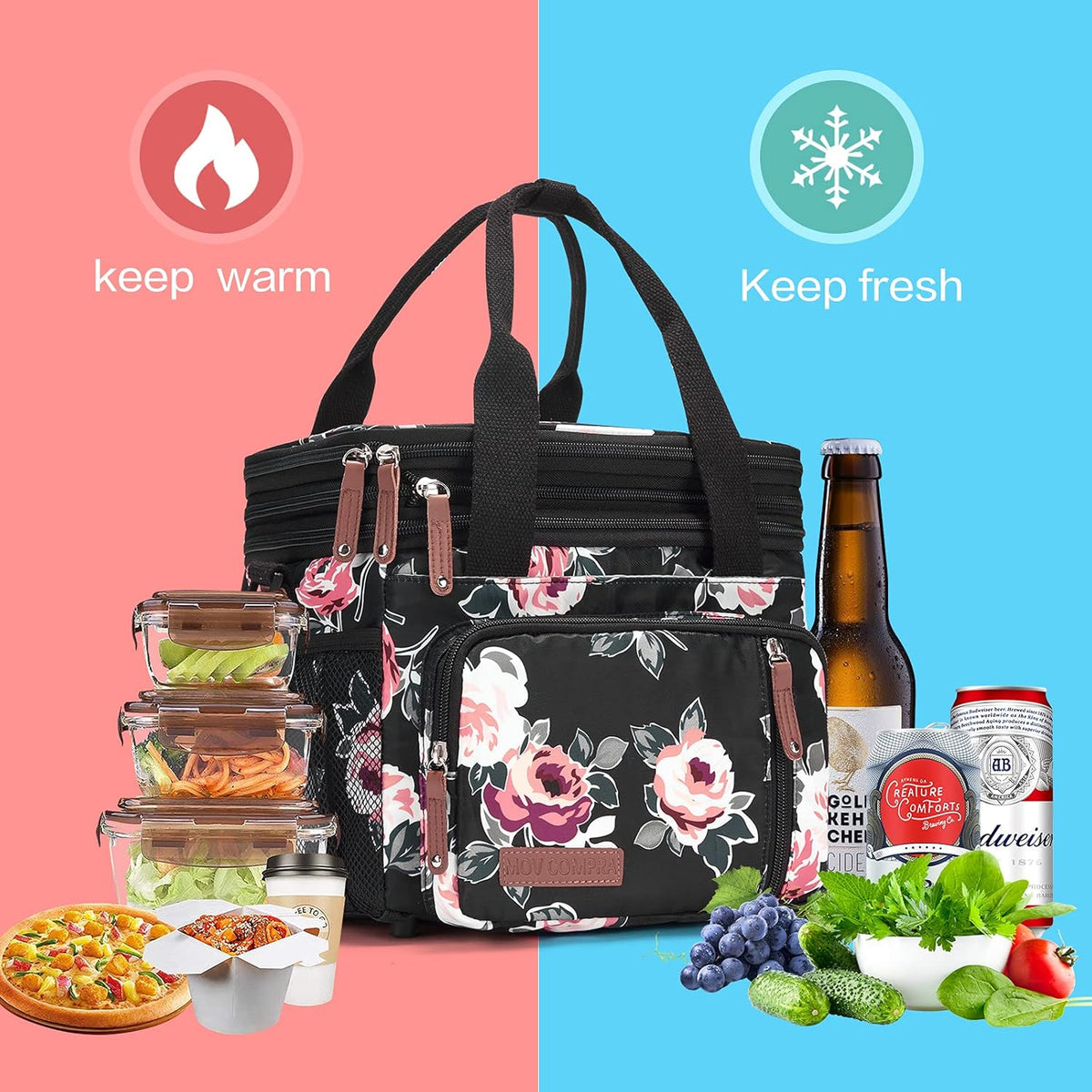 Lunch Bag Women Insulated Lunch Box for Work, Purple Expandable Large Lunch Bags, Leakproof Double Deck Lunch Box Cooler Bag（Purple） - PuriLite