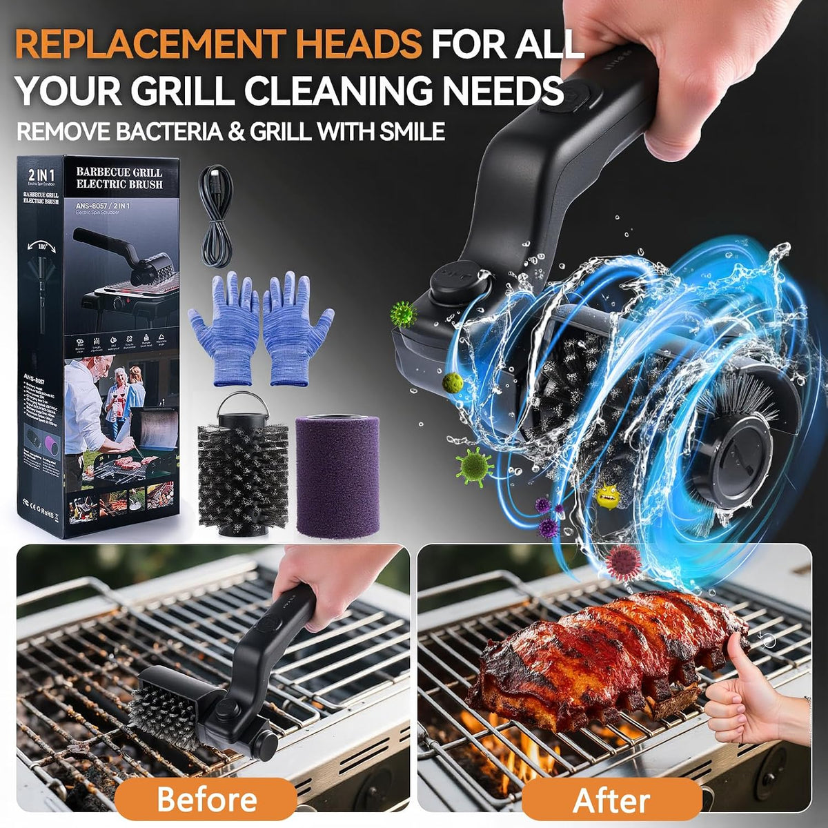 Electric Grill Cordless Cleaning Brush, Upgraded AS SEEN ON TV! BBQ Barbecue Scrubber, High Torque 25W Motor & MAX 400RPM, Dual Heads & Splash Guard, Price 59.97 for Genuine Product！