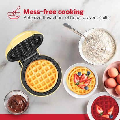 Holstein Housewares Personal/Mini Waffle Maker, Non-Stick Coating, Yellow - 4-inch Waffles in Minutes, Ideal for Breakfast, Brunch, Lunch or Snacks - PuriLite