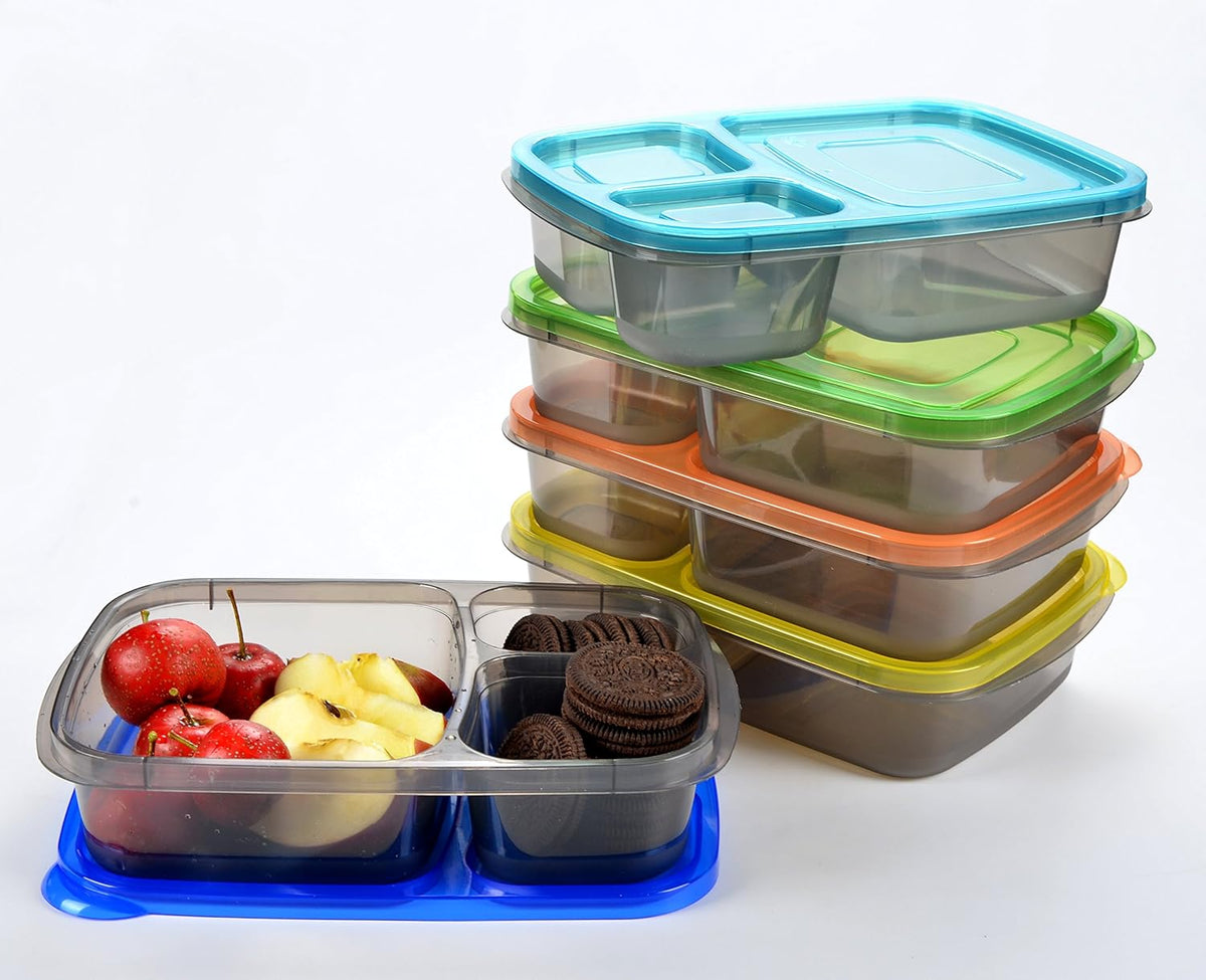 Youngever 7 Pack Bento Lunch Box, Meal Prep Containers, Reusable 3 Compartment Plastic Divided Food Storage Container Boxes - PuriLite