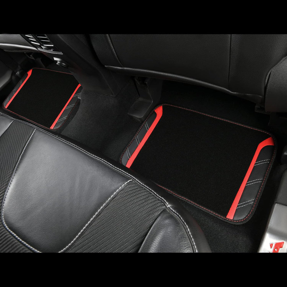 CAR PASS Leather Steering Wheel Cover and Waterproof Car Floor Mats,Microfiber Universal Car Combo Fit for 95% Sedan,SUV,Cars,14.5-15inch Sporty Anti-Slip Safety Comfortable Design(Black＆Red)