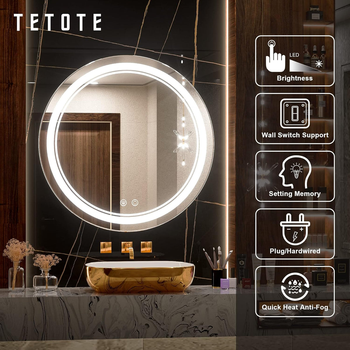 TETOTE 28 Inch Round LED Bathroom Vanity Mirror, Anti-Fog Dimmable Lights IP54 Waterproof Circle Makeup Wall Mounted Mirror - PuriLite