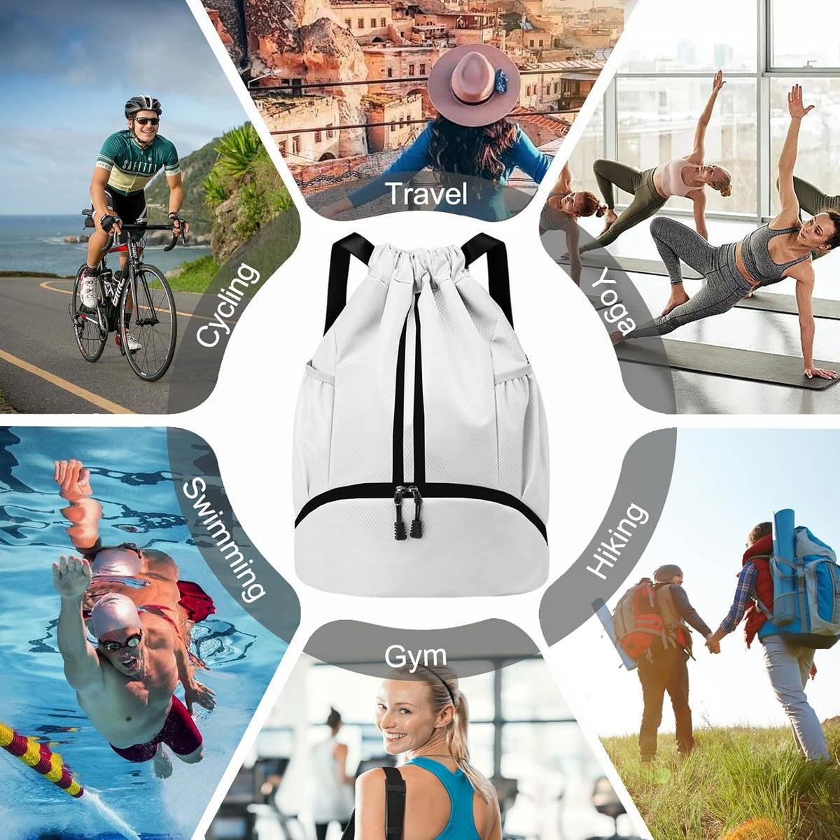 Hoedia Sports Drawstring Backpack - String Swim Gym Bag with Shoes Compartment and Wet Proof Pocket for Women/Men - PuriLite