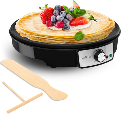 NutriChef Electric Crepe Maker, Cooks Roti, Tortillas, Pancakes, Nonstick Cooktop, 8-inch Cook Area On/Off Switch, Automatic Temperature Control & Cool Touch Handle, Includes Food Bowl, Whisk, Spatula - PuriLite