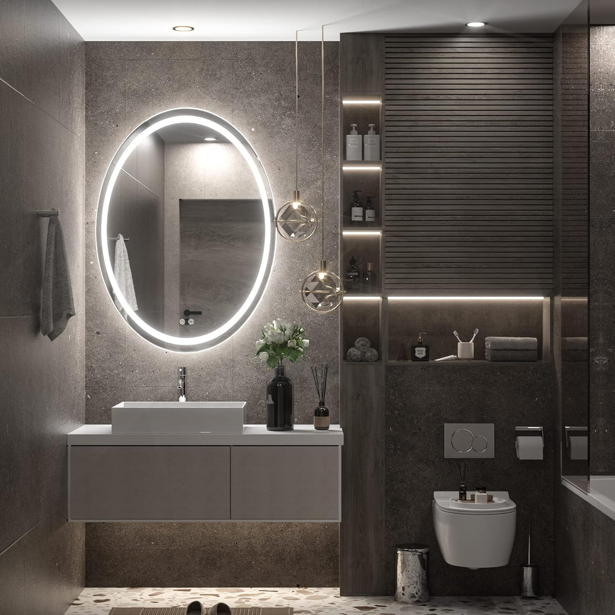 TETOTE 28 Inch Round LED Bathroom Vanity Mirror, Anti-Fog Dimmable Lights IP54 Waterproof Circle Makeup Wall Mounted Mirror - PuriLite