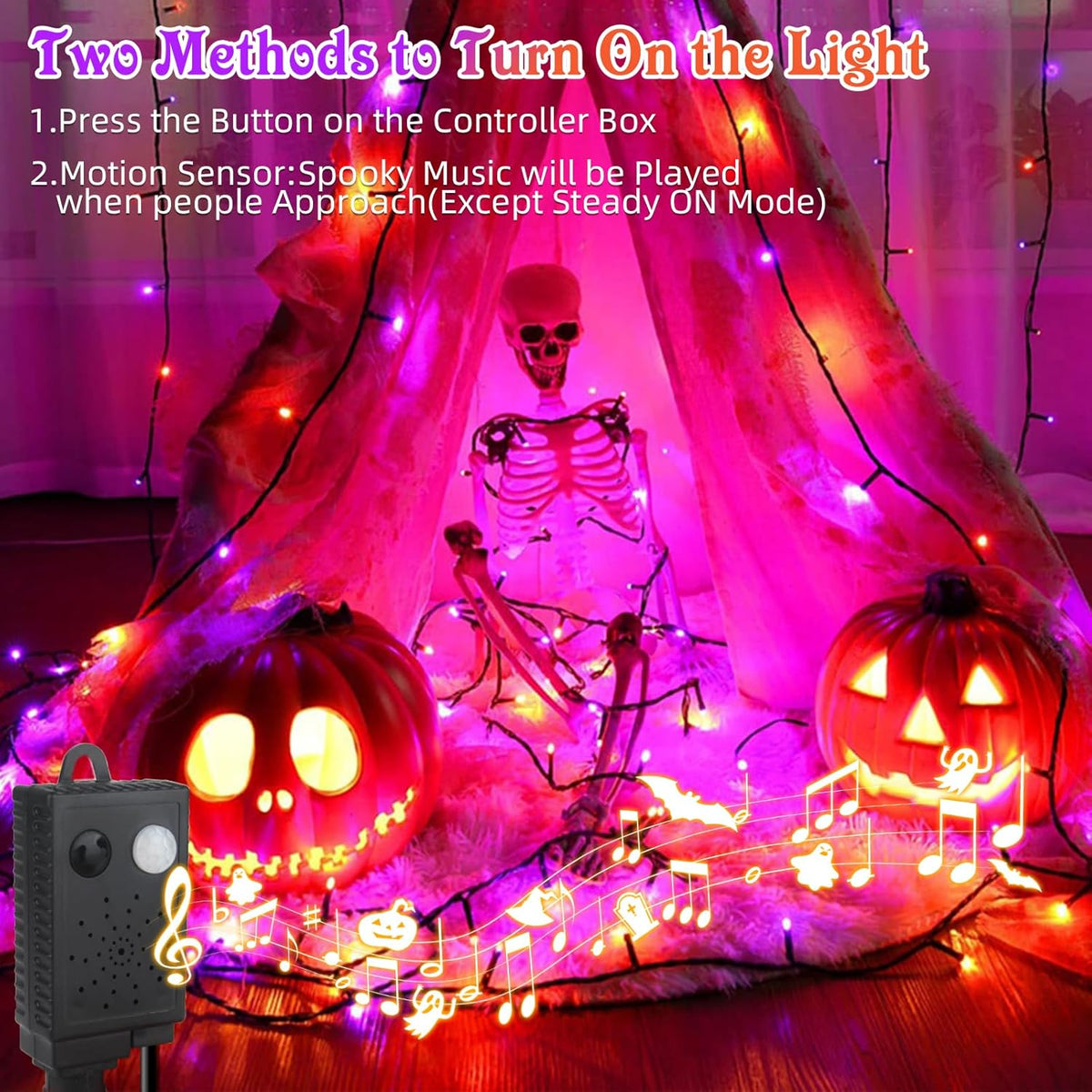 Tcamp 105FT 300 LED Purple Orange Halloween Decorations Lights Motion Activated Sync with 4 Scary Music, 6 Modes Halloween String Lights for Party Yard Outdoor Indoor Decor (3 Sets Connectable) - PuriLite