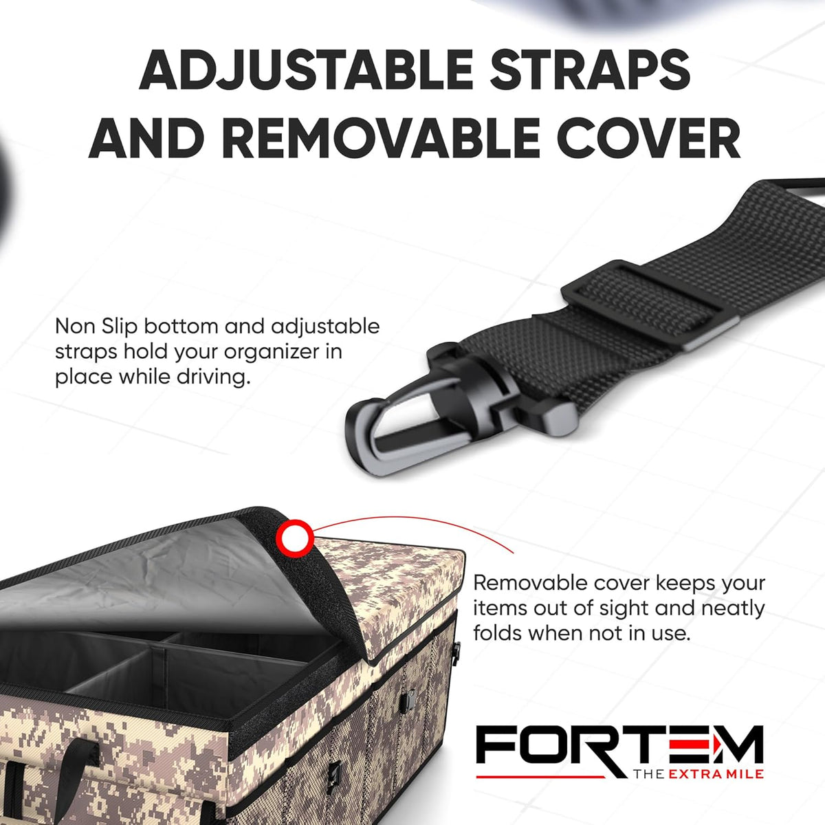 FORTEM Car Trunk Organizer, Collapsible Multi Compartment Car Organizer, Foldable SUV Storage for Car Accessories for Women Men, Non Slip Bottom, Securing Straps, Soft Cover 50L (Black, Standard) - PuriLite