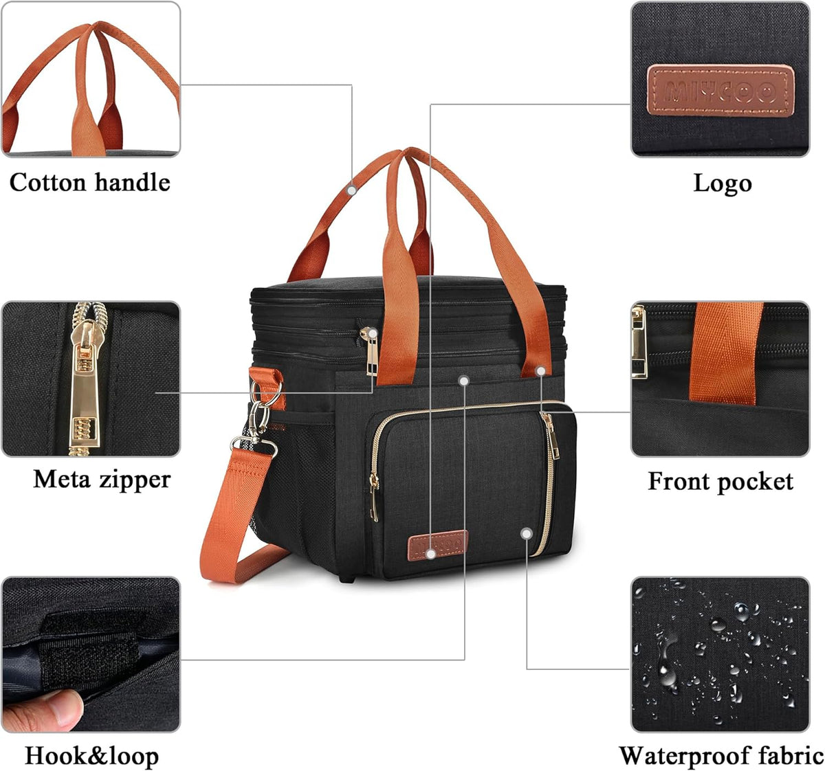 Lunch Bag for Women Men Double Deck Lunch Box - Leakproof Insulated Soft Large Lunch Cooler Bag, MIYCOO (Black,15L) - PuriLite