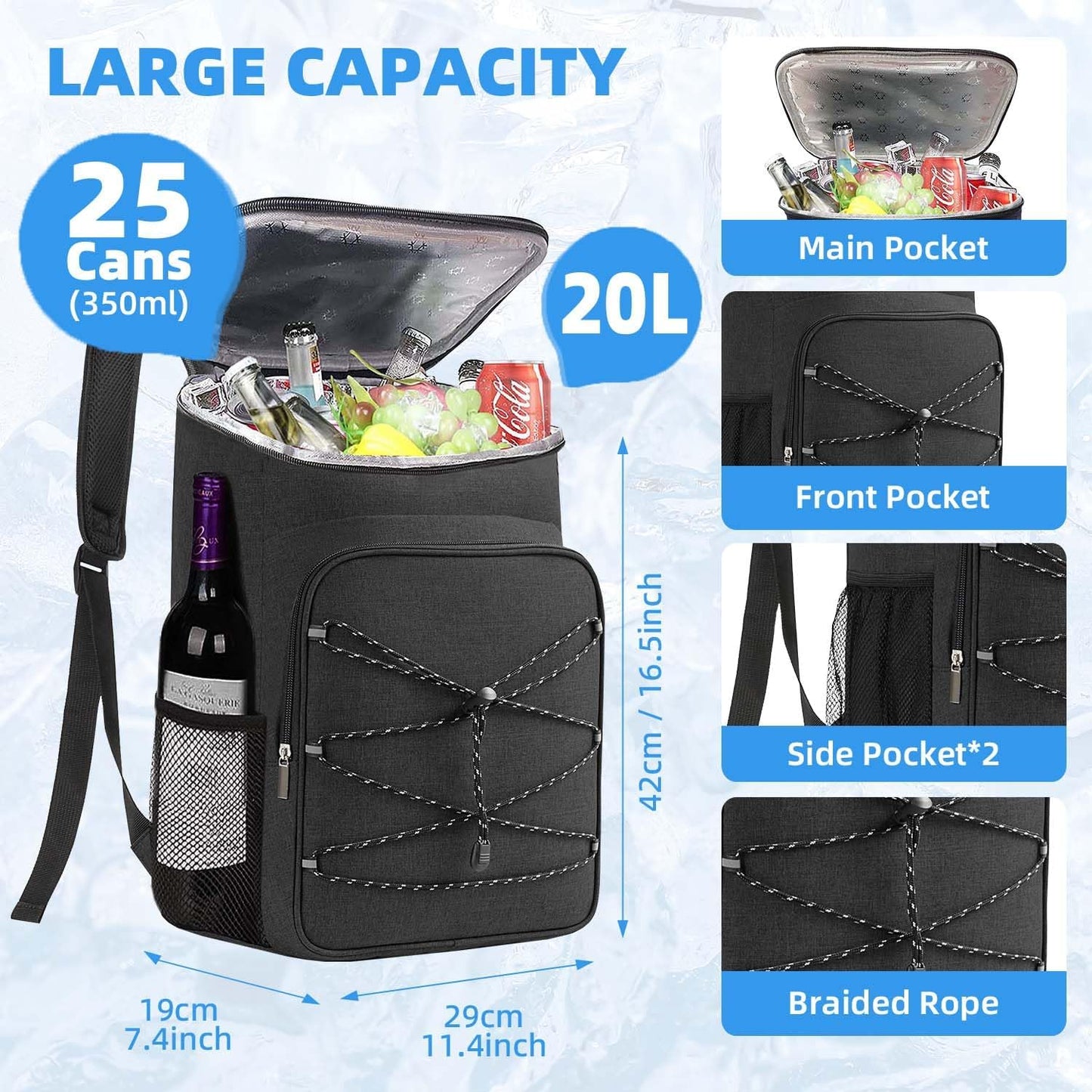 Bagtopia Camping Cooler Backpack 25 Cans, Leak Proof Insulated Thermal Bag, Beach Travel Picnic Lunch Backpack for Men Women - PuriLite