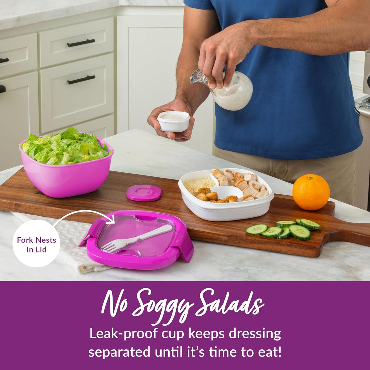 Bentgo Salad - Stackable Lunch Container with Large 54-oz Salad Bowl, 4-Compartment Bento-Style Tray for Toppings, 3-oz Sauce Container for Dressings, Built-in Reusable Fork & BPA-Free (Khaki Green) - PuriLite