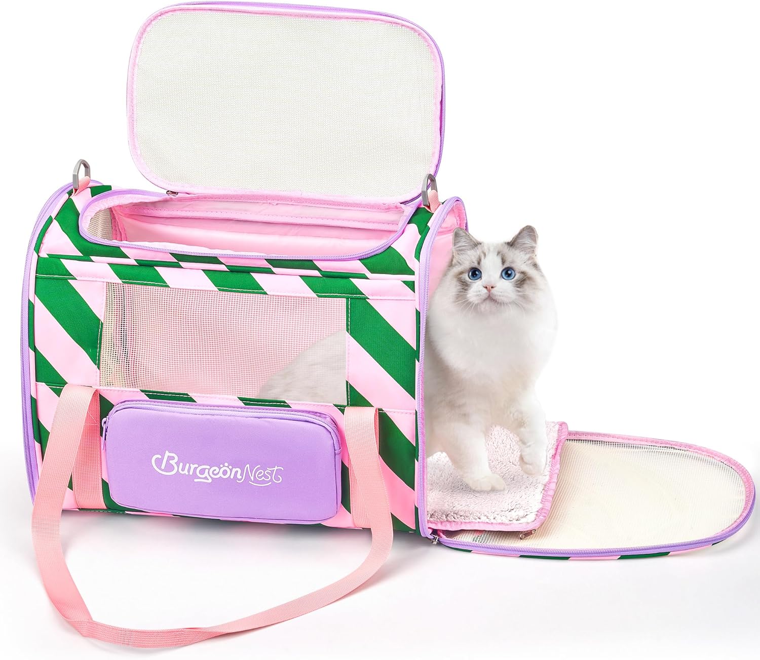 BurgeonNest Cat Carriers for Medium Cats Under 25 lbs, Pet Carrier for Cats with Unique Side Bag,Top Load Small Pet Carrier Soft-Sided Escape Proof with 4 Ventilated Windows - PuriLite