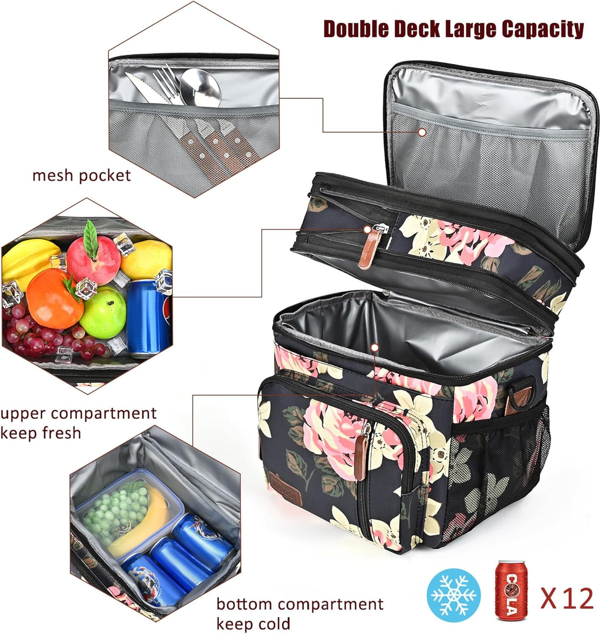 Lunch Bag for Women Men Double Deck Lunch Box - Leakproof Insulated Soft Large Lunch Cooler Bag, MIYCOO (Black,15L) - PuriLite