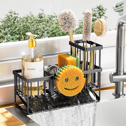 Cisily Kitchen Sink Caddy Organzier with High Brush Holder, Sponge Holder for Sink, 304 Rustproof Stainless, Kitchen Countertop Soap Dispenser Organizer, Kitchen Decor and Accessories (Black) - PuriLite