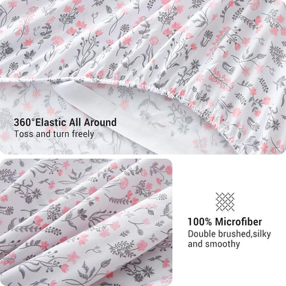 Viviland Floral Queen Sheet Set - 4 Piece Vintage Pink & Yellow Flower Patterned Bed Sheets - Soft, Breathable Microfiber Sheets with Deep Pocket, Non-Slip Fitted Sheets & Pillowcases - PuriLite