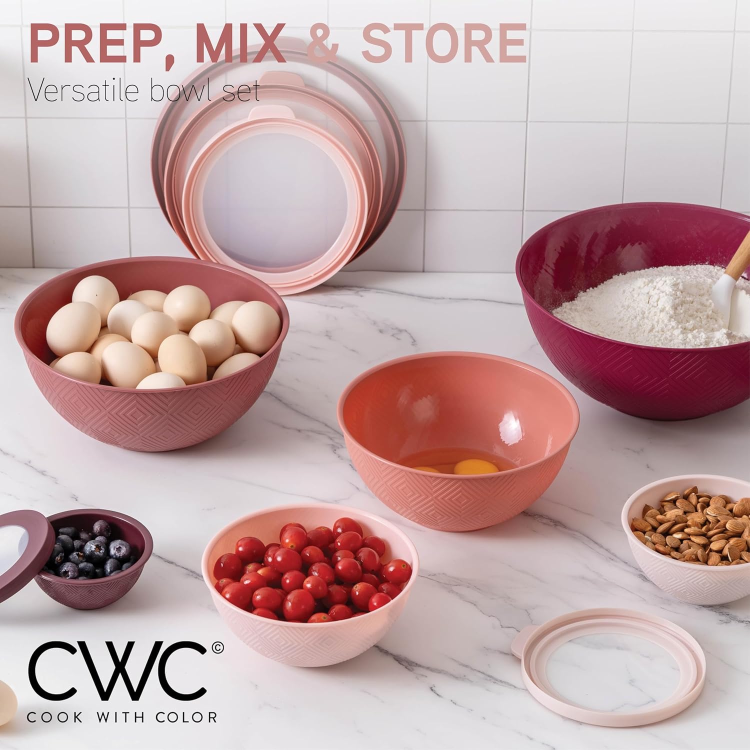 COOK WITH COLOR Mixing Bowls with TPR Lids - 12 Piece Plastic Nesting Bowls Set Includes 6 Prep Bowls and 6 Lids, Microwave Safe Mixing Bowl Set (Mint) - PuriLite