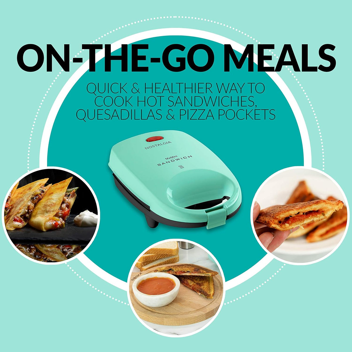 Nostalgia MyMini Personal Sandwich Maker, Nonstick Panini Press, Pizza Pockets, Quesadillas, Mint Green - PuriLite