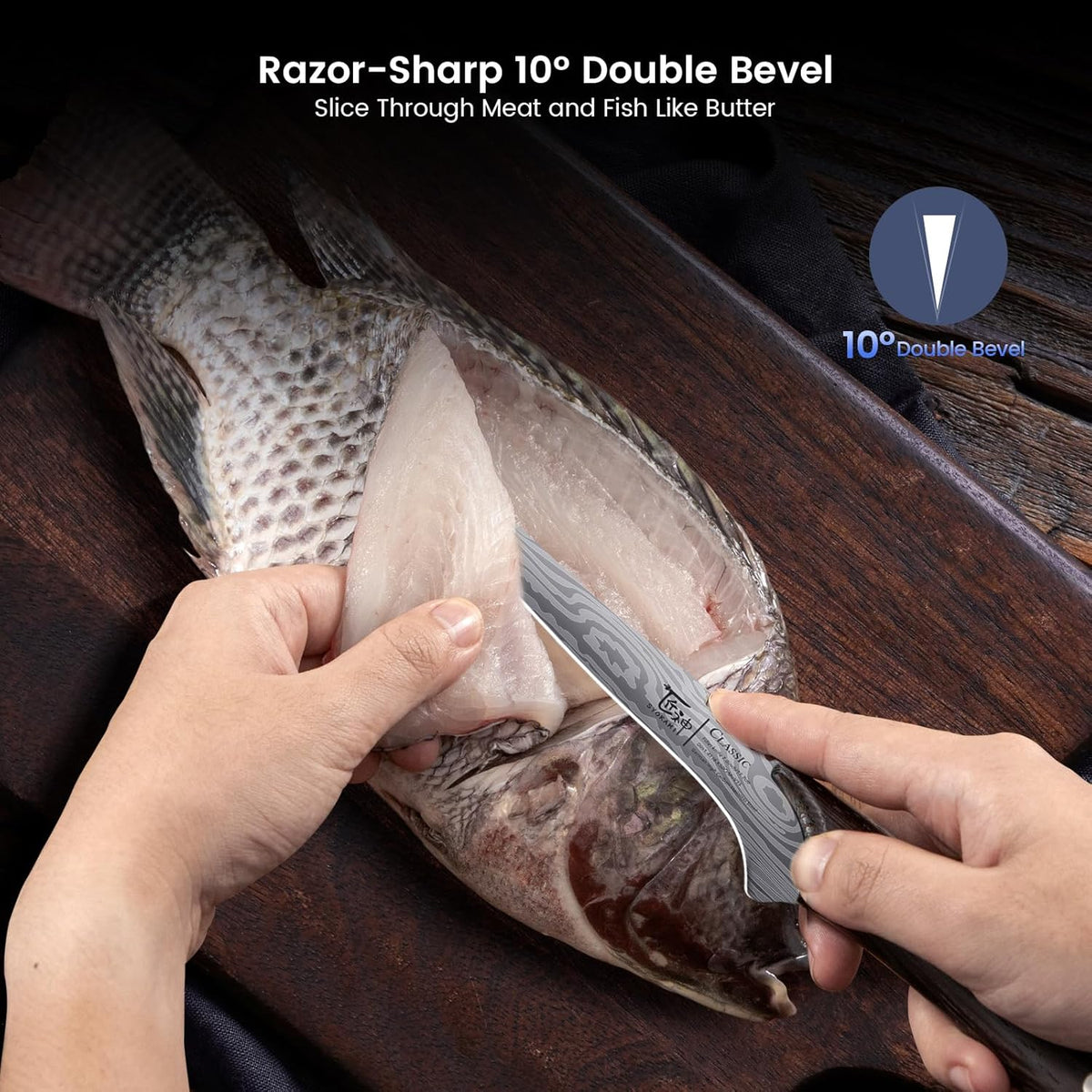 SYOKAMI Fillet Knife, Razor Sharp 7.2 Inch Boning Knife, High Carbon Stainless Steel Filet Knives with High Flexibility, Wooden Handle, Full Tang Damascus Pattern Fish Knives, Ideal for Gifting - PuriLite