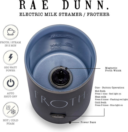 Rae Dunn - Electric Milk Frother - Elegant Automatic Milk Steamer and Frother, Milk Warmer, Hot and Cold Frothing Machine for Coffee, Latte, Cappuccino, Macchiato, - PuriLite
