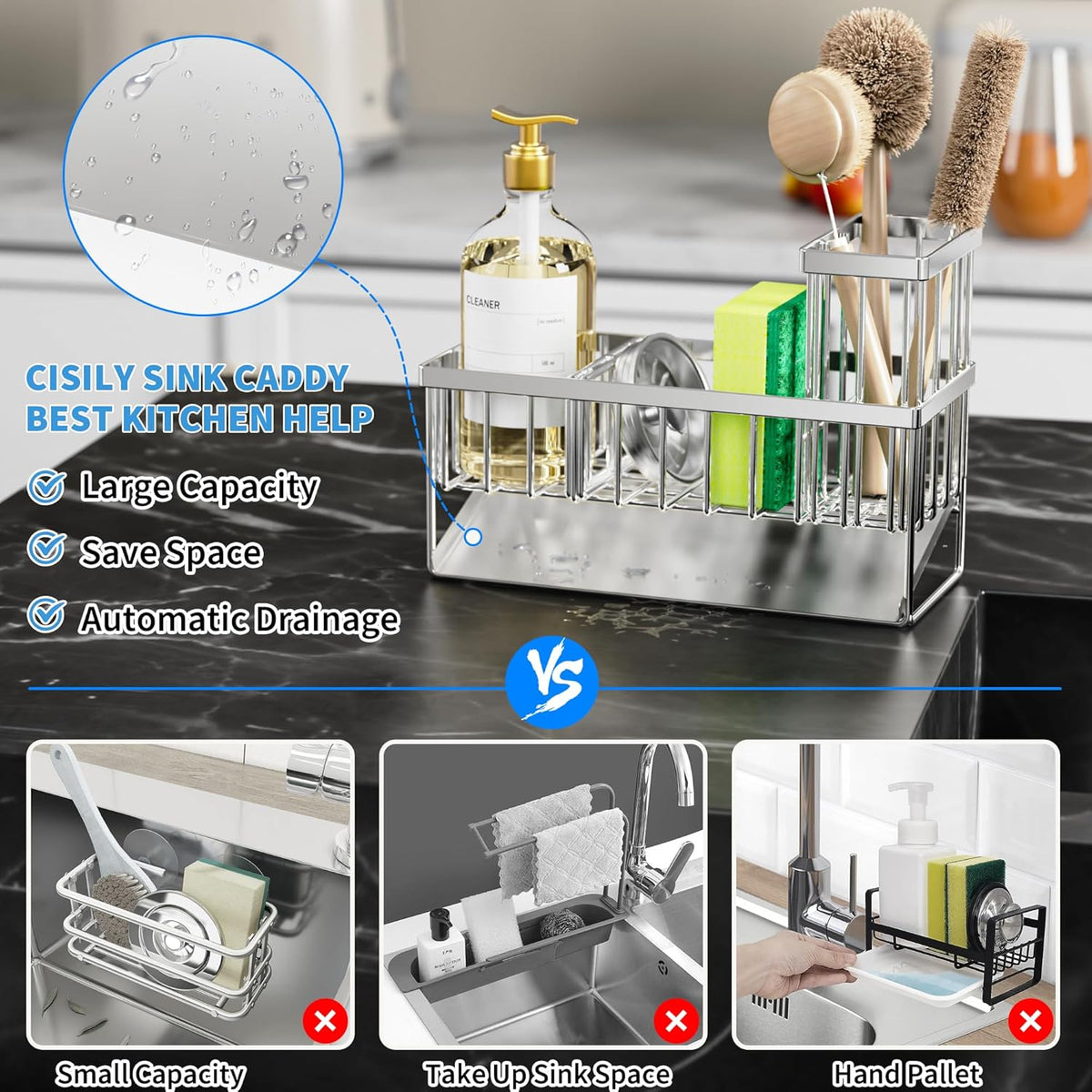 Cisily Kitchen Sink Caddy Organzier with High Brush Holder, Sponge Holder for Sink, 304 Rustproof Stainless, Kitchen Countertop Soap Dispenser Organizer, Kitchen Decor and Accessories (Black) - PuriLite