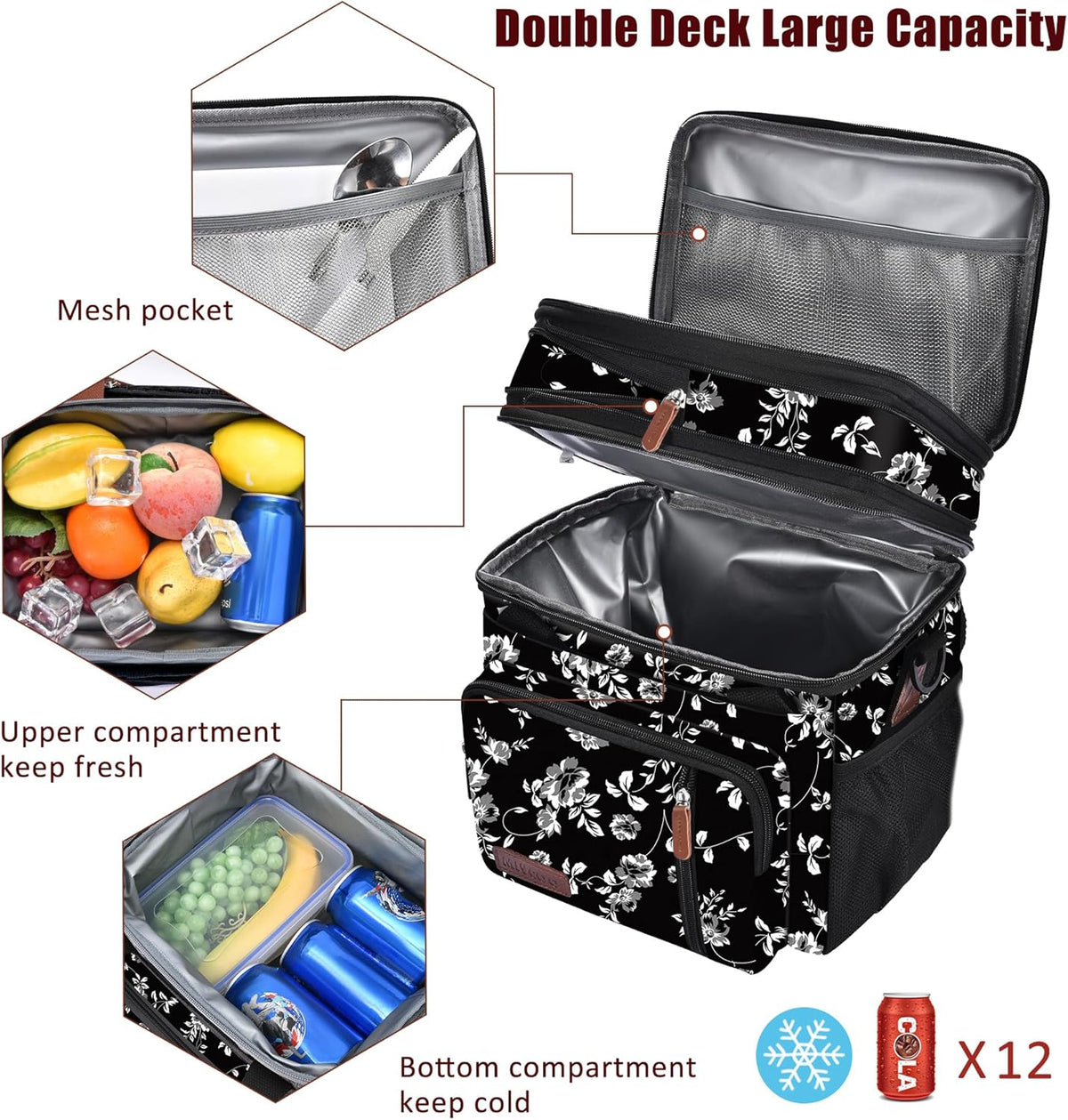 Lunch Bag for Women Men Double Deck Lunch Box - Leakproof Insulated Soft Large Lunch Cooler Bag, MIYCOO (Black,15L) - PuriLite