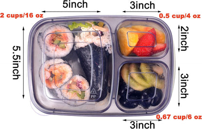 Youngever 7 Pack Bento Lunch Box, Meal Prep Containers, Reusable 3 Compartment Plastic Divided Food Storage Container Boxes - PuriLite