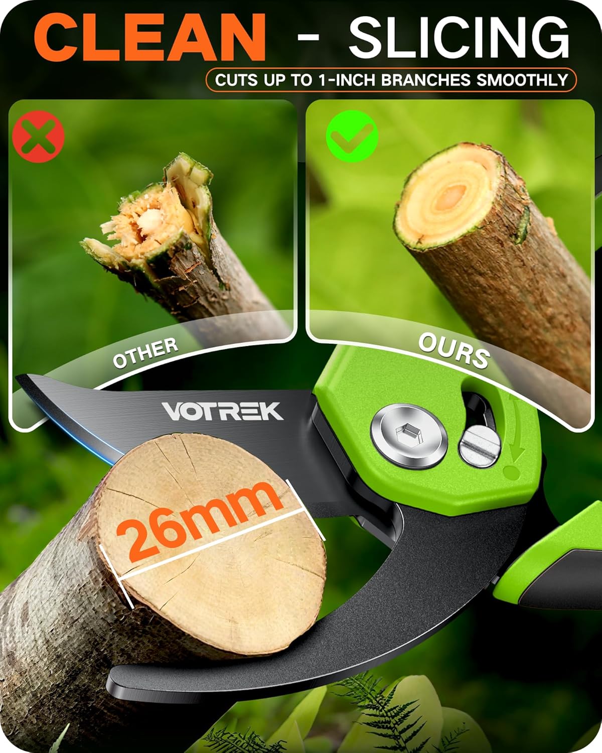 VOTREK Pruning Shears - 8.5" Heavy Duty Bypass Pruners for Gardening with Built-in Spring & SK5 Steel Blades - Ergonomic Adjustable Handle for All Hand Sizes, Garden Clipper Plant Scissors for Branch - PuriLite