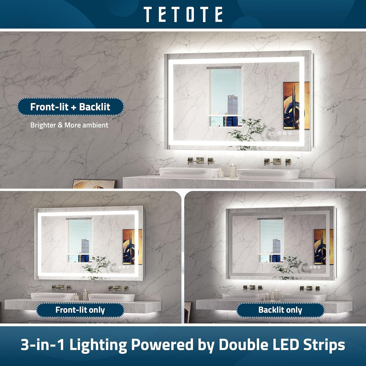 TETOTE LED Bathroom Mirror 20x28 Frontlit & Backlit Lighted Vanity Mirror Anti Fog Stepless Dimmable 3 Colors White/Warm/Natural,Double Lights,Wall-Mounted(Horizontal/Vertical) - PuriLite