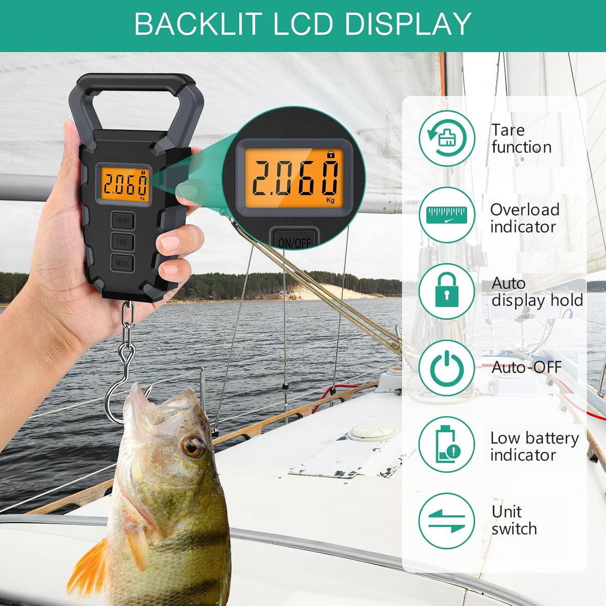 ORIA Fish Scale Digital, Fishing Scale, Fish Scale with Ruler and Fish Gripper, 110lb/50kg Baggage Weighing Scale, Backlit LCD Display (Orange) - PuriLite