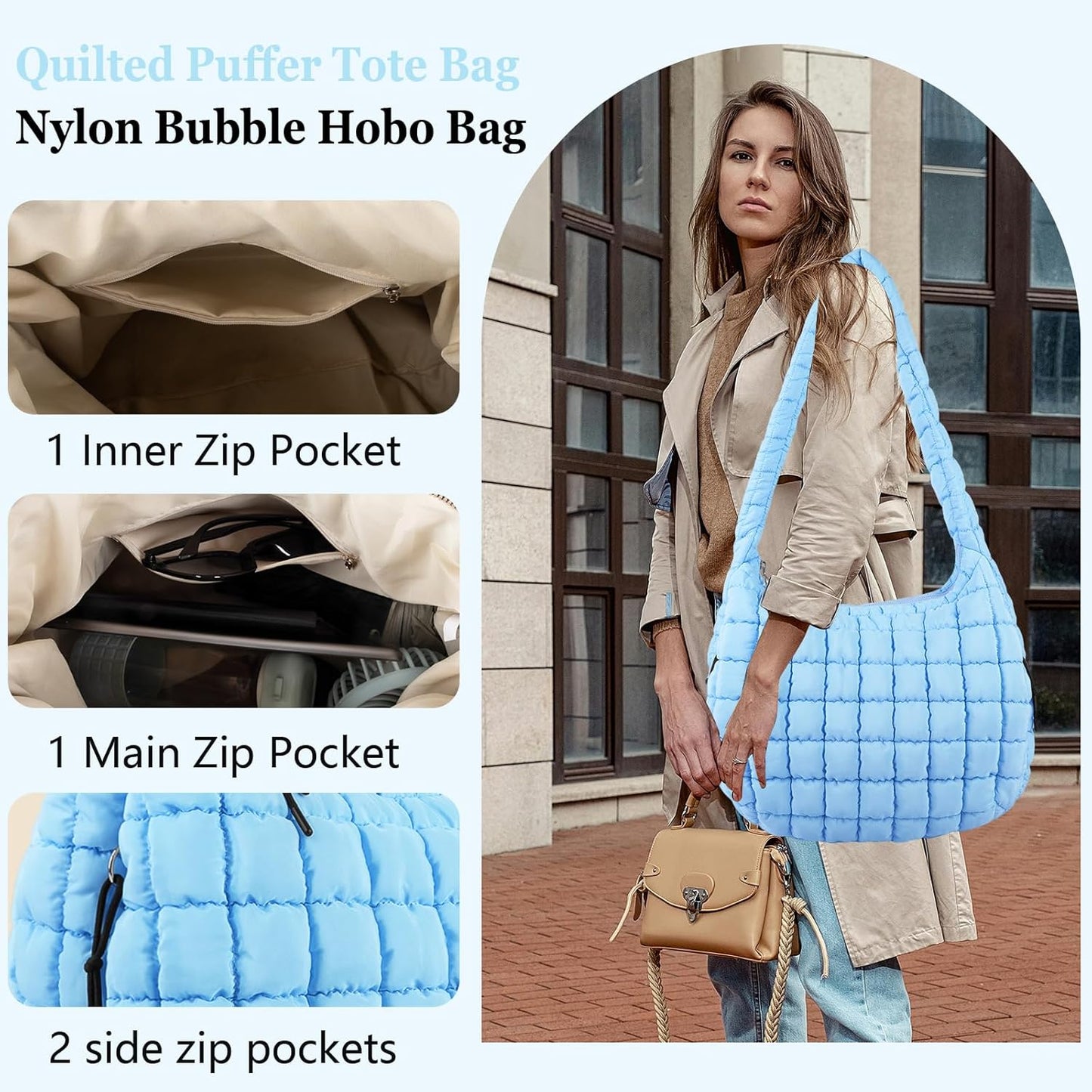 Quilted Puffer Tote Bag Large Crossbody Shoulder Bag with Zipper, Nylon Hobo Oversized Handbag - PuriLite