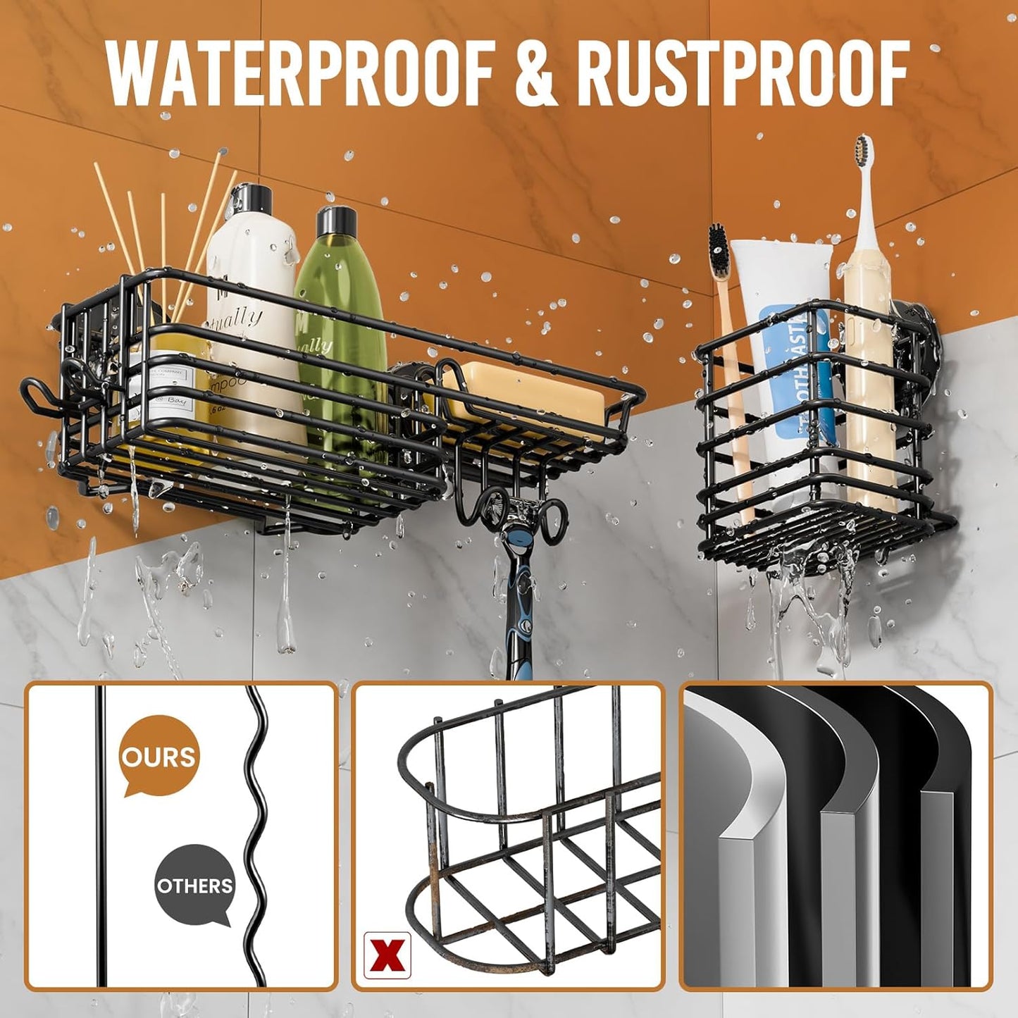 LEVERLOC Shower Caddy Suction Cup, 2 Pack Black Shower Shelf with Hooks and Soap Holder, NO-Drilling Bathroom Organizer, Rustproof Metal Bathroom Storage and Organization - PuriLite