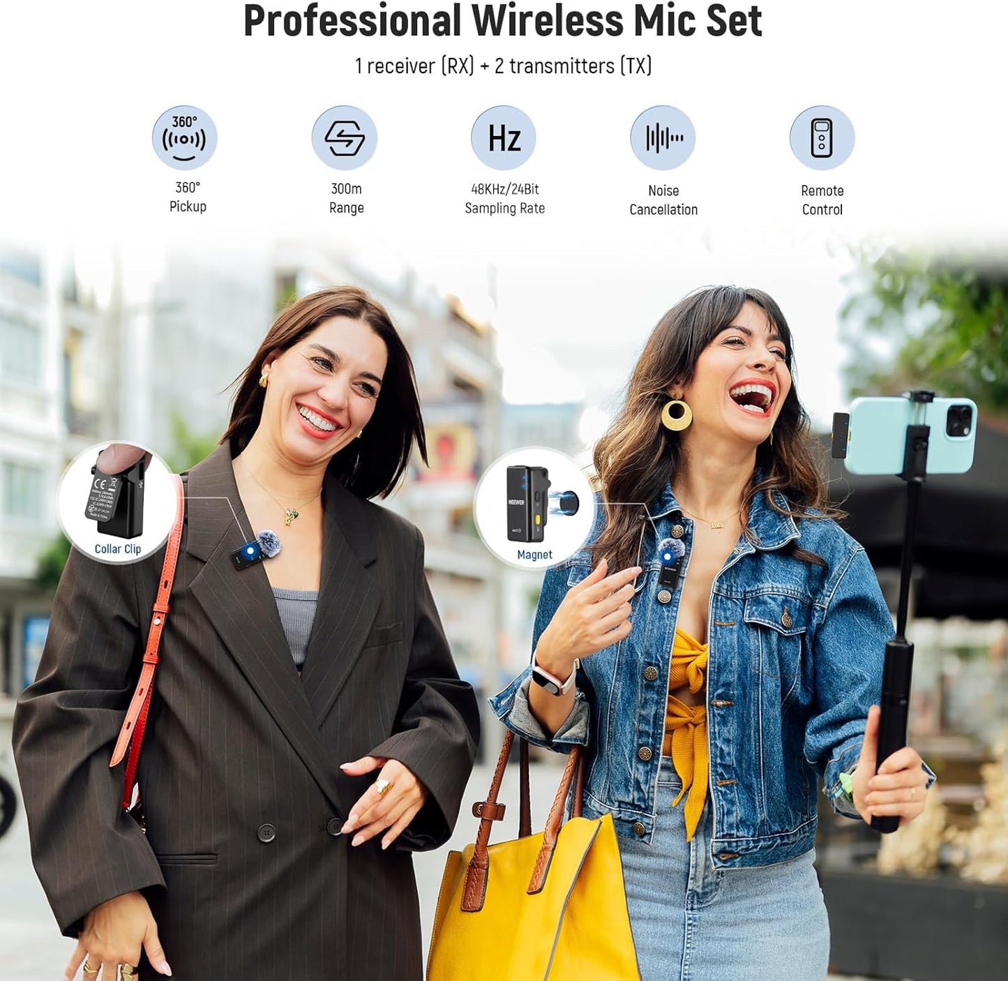 NEEWER CM28 Wireless Lavalier Microphone System with Charging Case, 1 Click Noise Canceling, 4GB Storage for 9Hrs of 48KHz 16 Bit Uncompressed Audio Lapel Mic Compatible with iPhone/Android/PC/Camera - PuriLite