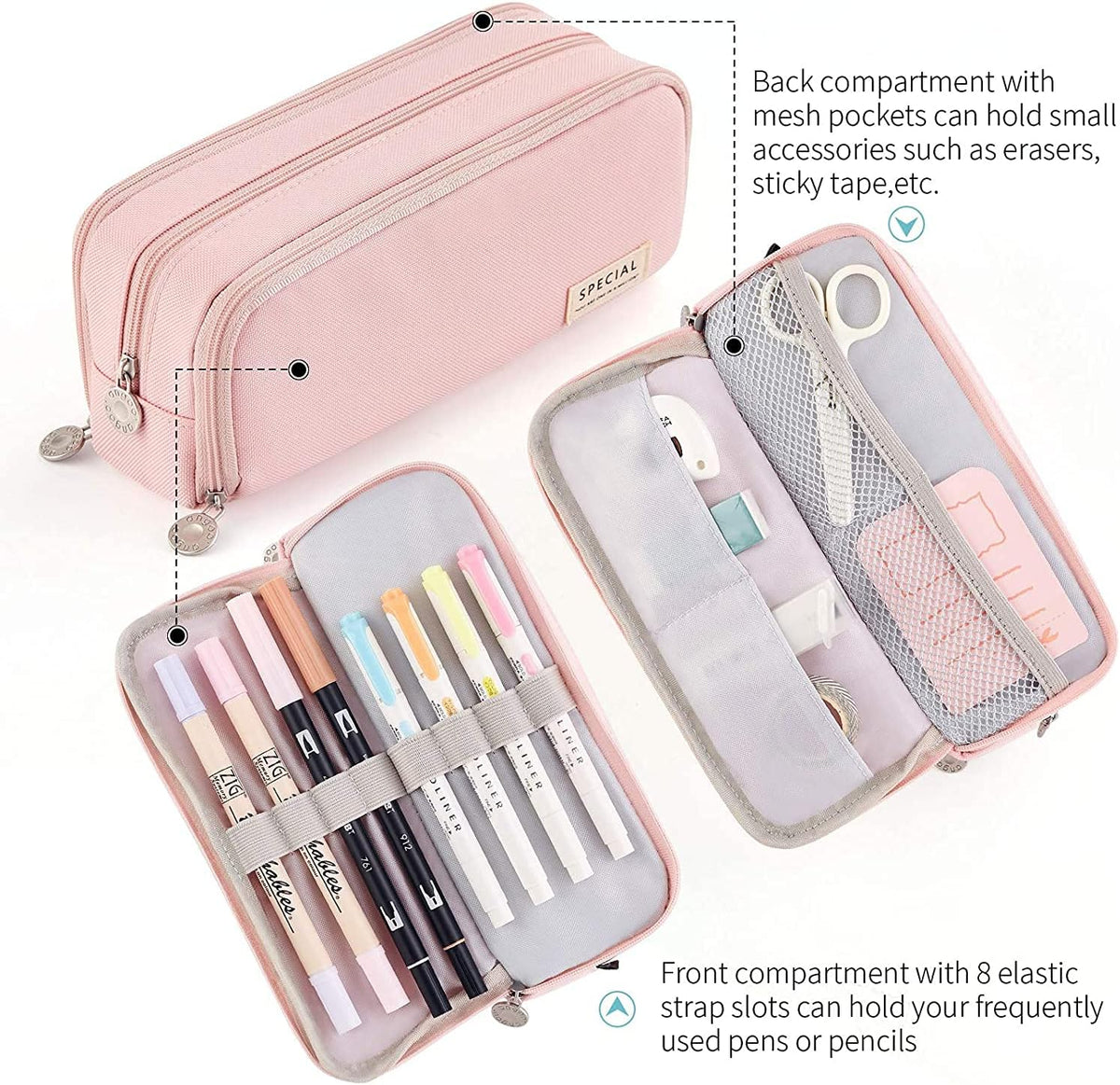 Big Capacity Pencil Case, OLIYuMi 3 Compartment Pencil Pouch Pencil Bag Storage Box Stationery Organizer Makeup Bag with Zipper Closure for Student Office College Boys and Girls (Pink) - PuriLite