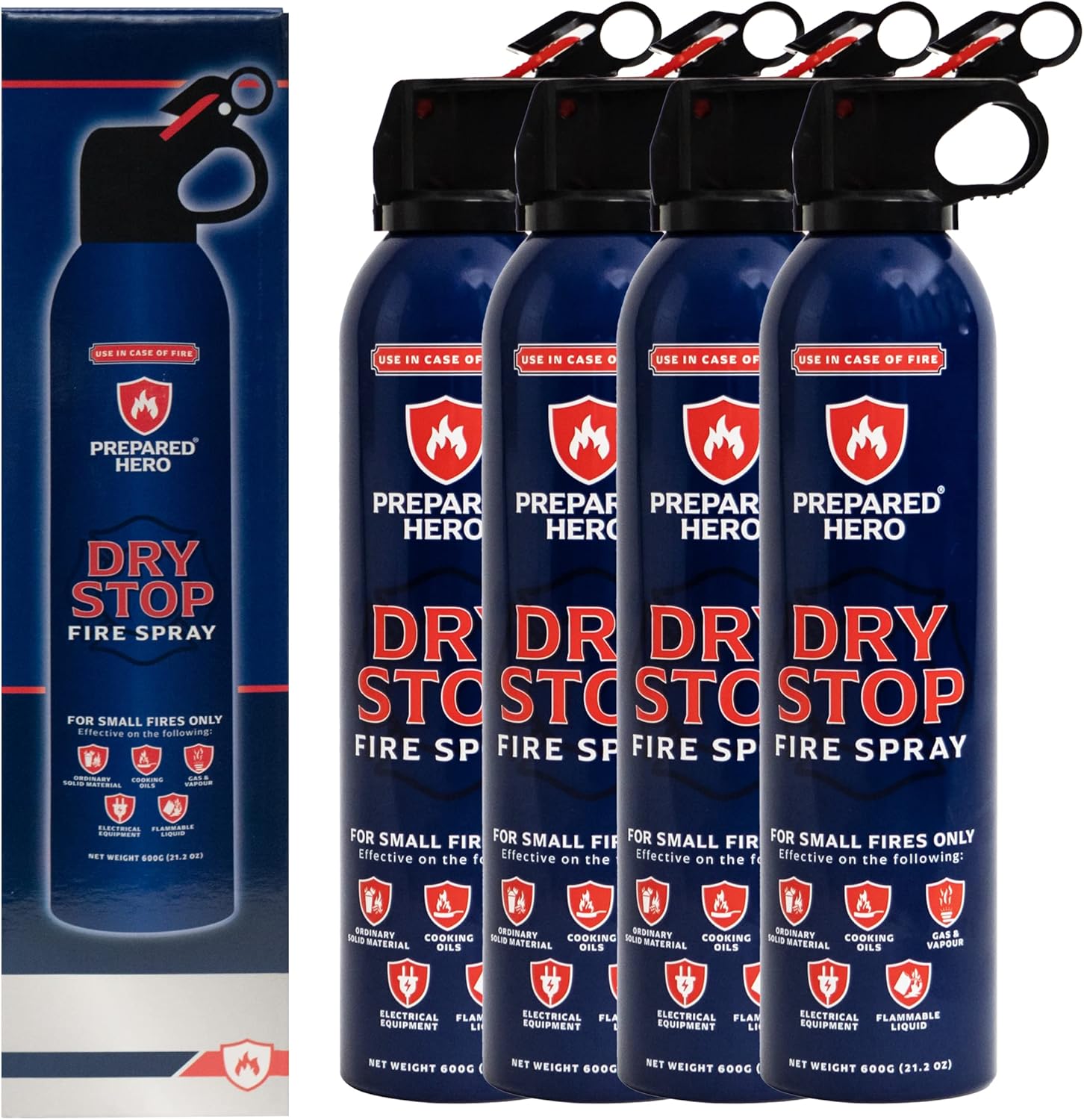 Dry Stop Fire Spray by Prepared Hero - 4 Pack - Portable Fire Extinguisher for Home, Car, Garage, Kitchen - Works on Electrical, Grease, Battery Fires & More - Compact, Easy to Use - PuriLite