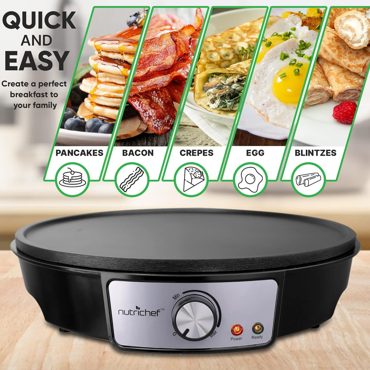 NutriChef Electric Crepe Maker, Cooks Roti, Tortillas, Pancakes, Nonstick Cooktop, 8-inch Cook Area On/Off Switch, Automatic Temperature Control & Cool Touch Handle, Includes Food Bowl, Whisk, Spatula - PuriLite
