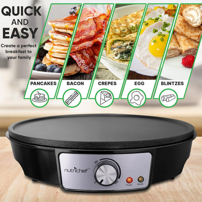 NutriChef Electric Crepe Maker, Cooks Roti, Tortillas, Pancakes, Nonstick Cooktop, 8-inch Cook Area On/Off Switch, Automatic Temperature Control & Cool Touch Handle, Includes Food Bowl, Whisk, Spatula - PuriLite